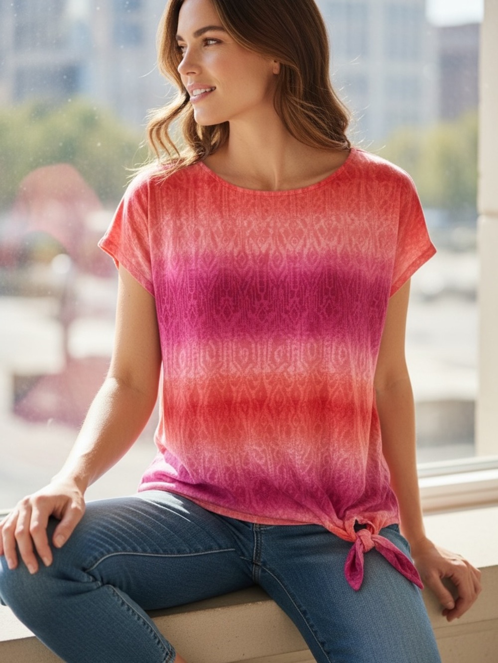 Polo Ralph Lauren Women's Tie-Hem Ombre Short Sleeve Top in Coral Pink Orange.